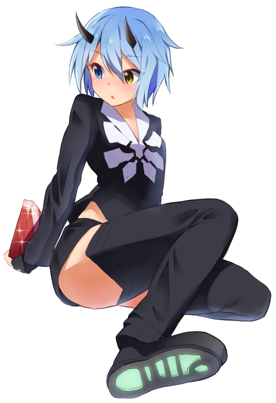 1girl, blue_eyes, blue_hair, blush, box, breasts, commentary_request, deuman
