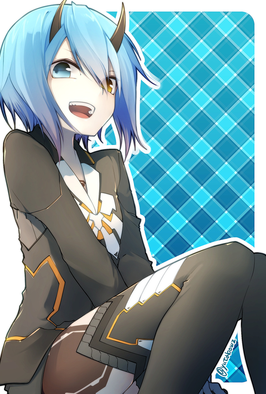 1girl, :d, arms_between_legs, between_legs, blue_background, blue_eyes, blue_hair, breasts