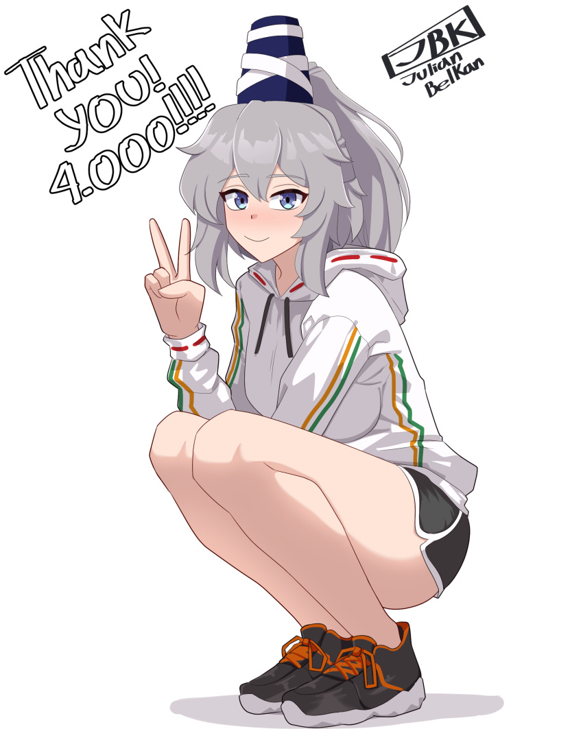 1girl, absurdres, adapted_costume, black_shoes, black_shorts, blue_hat, blush, closed_mouth