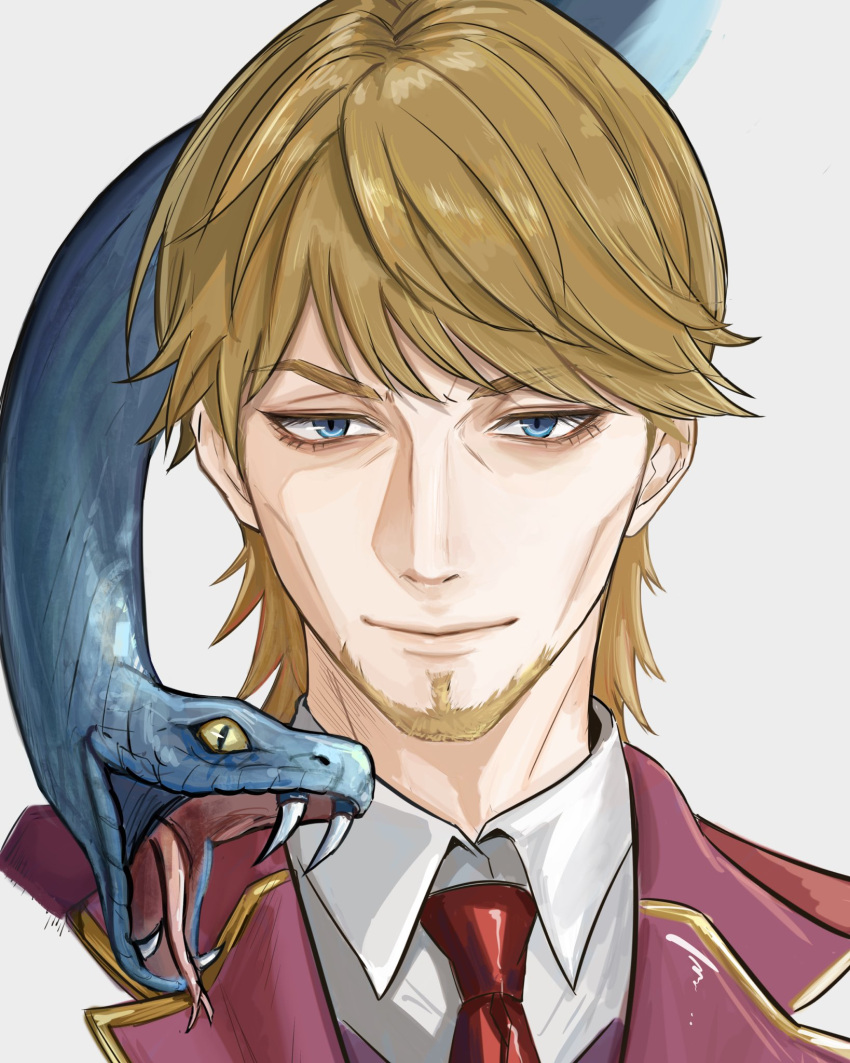 1boy, blonde_hair, blue_eyes, closed_mouth, collared_shirt, commentary_request, facial_hair, fangs