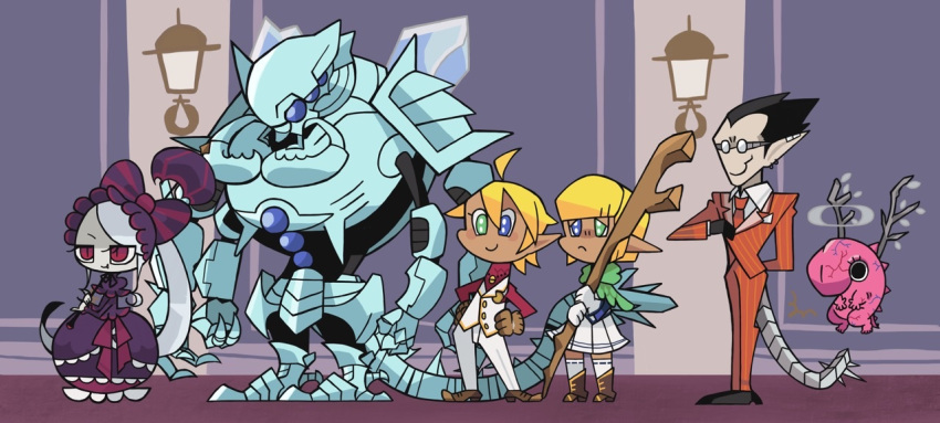 2girls, 38red, 4boys, aura_bella_fiora, black_hair, blonde_hair, blue_eyes, bow, brown_gloves, chibi, closed_mouth, cocytus_(overlord), commentary_request, demiurge_(overlord), dress, frown, gloves, green_eyes, grey_hair, halo, heterochromia, holding, holding_staff, holding_umbrella, mare_bello_fiore, multiple_boys, multiple_girls, necktie, overlord_(maruyama), parasol, pointy_ears, red_necktie, shalltear_bloodfallen, smile, staff, striped_bow, striped_suit, suit, tail, umbrella, veins, vest, victim_(overlord_(maruyama)), white_gloves