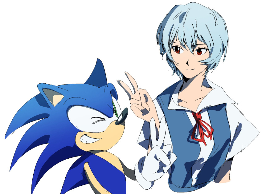 animal_ears, animal_nose, ayanami_rei, blue_hair, crossover, furry, furry_with_non-furry, gloves, green_eyes, hair_between_eyes, highres, interspecies, neon_genesis_evangelion, one_eye_closed, owendigo, red_eyes, red_ribbon, ribbon, school_uniform, smile, sonic_(series), sonic_the_hedgehog, tokyo-3_middle_school_uniform, v, white_background, white_gloves