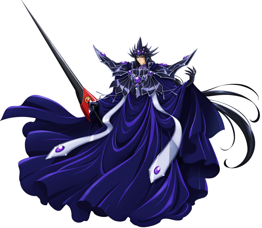 1boy, armor, black_hair, blue_cloak, cloak, closed_mouth, crown, gauntlets