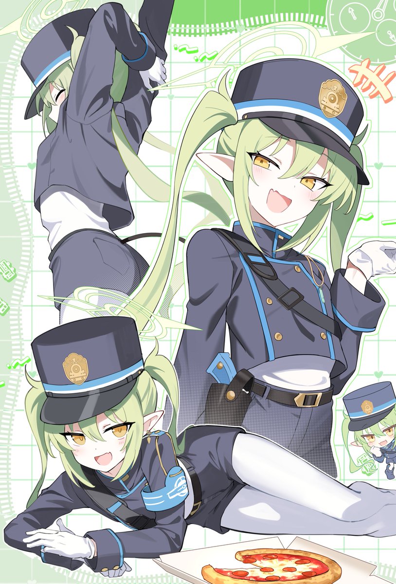 1girl, 2windrill, analog_clock, badge, belt, belt_buckle, black_belt, black_tail