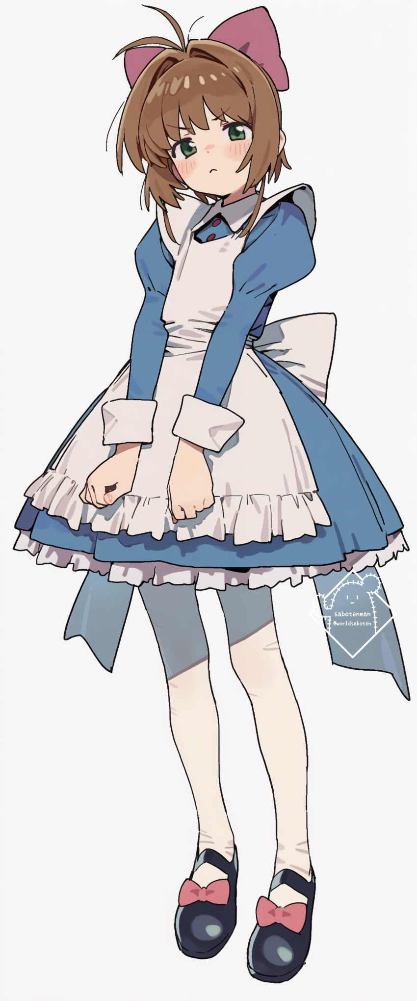 1girl, absurdres, apron, blue_dress, blush, bow, brown_hair, buttons