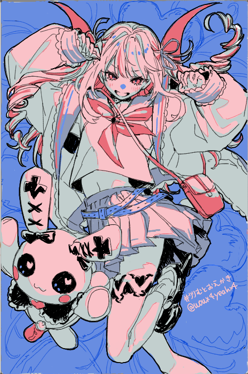 1girl, bag, belt, blue_background, debitto_(makaino_ririmu), demon_wings, grin, hands_up, jacket, leg_tattoo, long_hair, looking_at_viewer, makaino_ririmu, makaino_ririmu_(4th_costume), midriff_peek, multicolored_hair, nijisanji, pink_eyes, pink_streaks, pleated_skirt, sailor_collar, school_uniform, serafuku, shoulder_bag, sketch, skirt, smile, solo, streaked_hair, stuffed_animal, stuffed_rabbit, stuffed_toy, tattoo, twitter_username, two_side_up, virtual_youtuber, winged_heart, winged_heart_tattoo, wings, wowx4yeahx4