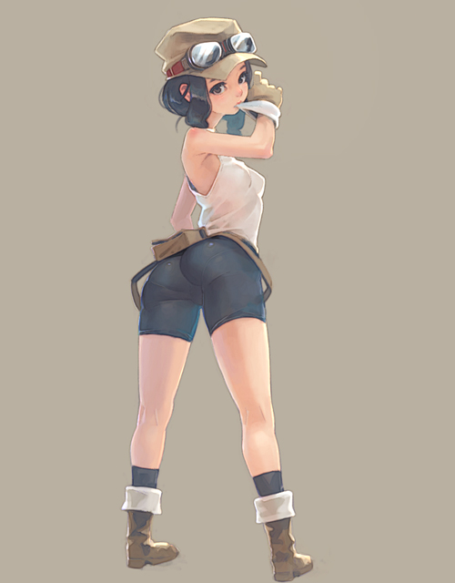 bike_shorts, black_eyes, black_hair, boots, brown_eyes, cap, from_behind, gloves, goggles, halterneck, hat, looking_back, mouth_hold, original, pantylines, shorts, simple_background, solo, standing, tank_top, weno