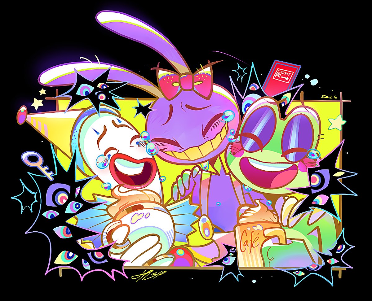 2026, abstraction_(the_amazing_digital_circus), animal_ears, bow, closed_eyes, clown, colored_teeth, commentary