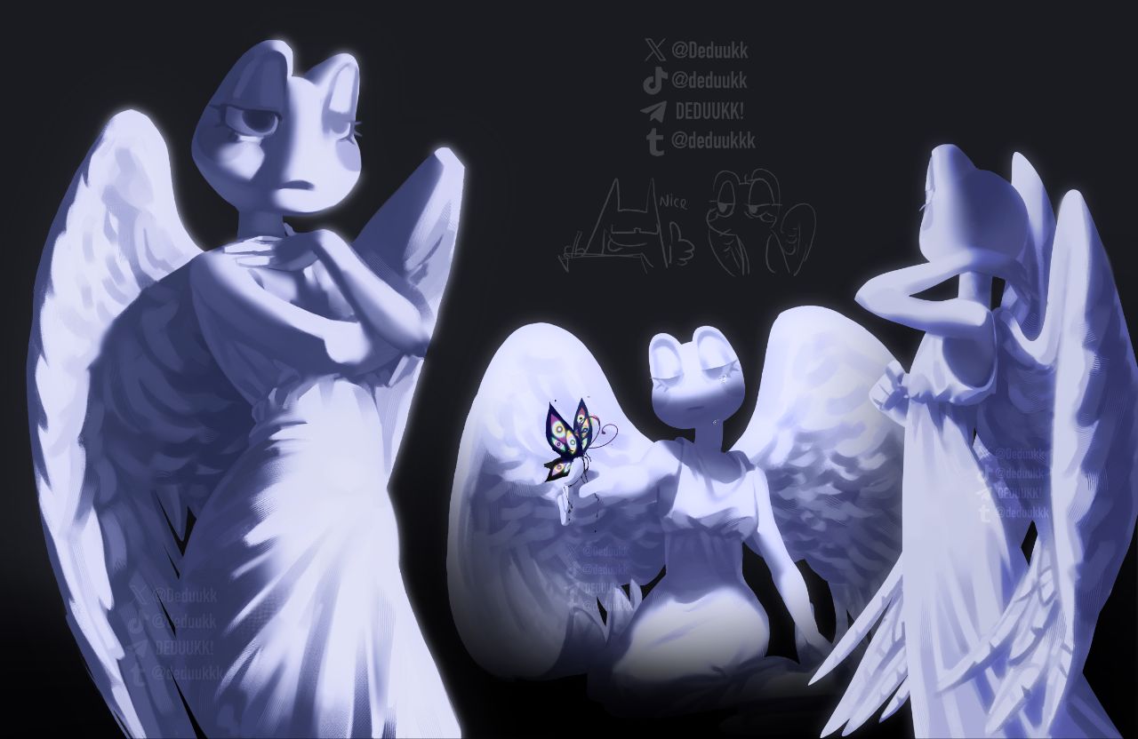 1girl, abstraction_(the_amazing_digital_circus), angel_wings, artist_name, black_background, bug, butterfly, commentary, deduukk, dress, english_commentary, feathered_wings, frog_girl, furry, furry_female, ribbit_(the_amazing_digital_circus), sleeveless, sleeveless_dress, telegram_logo, the_amazing_digital_circus, tiktok_logo, tumblr_logo, twitter_x_logo, wings