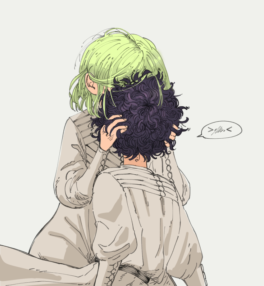 2girls, agott_arklaum_(tongari_boushi_no_atelier), coco_(tongari_boushi_no_atelier), commentary, curly_hair, dress, english_commentary, green_hair, grey_background, hand_in_another's_hair, highres, imabeliva, kiss, multiple_girls, purple_hair, short_hair, simple_background, spoken_blush, tongari_boushi_no_atelier, white_dress, yuri