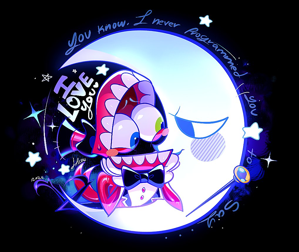 1boy, 2026, black_background, black_bow, black_bowtie, black_hat, blue_eyes, blush_stickers, bow, bowtie, caine_(the_amazing_digital_circus), coat, commentary, crescent_moon, cuty_caballero, english_commentary, english_text, green_eyes, hat, heterochromia, moon, moon_(the_amazing_digital_circus), red_coat, teeth, the_amazing_digital_circus, top_hat