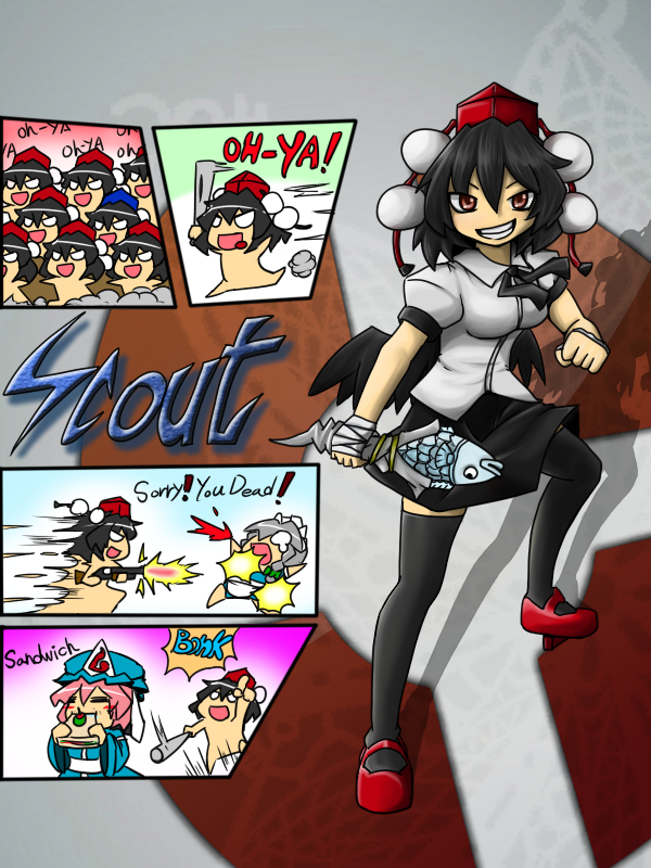 baseball_bat, black_hair, black_legwear, bloodycat, blush, breasts, eating, english