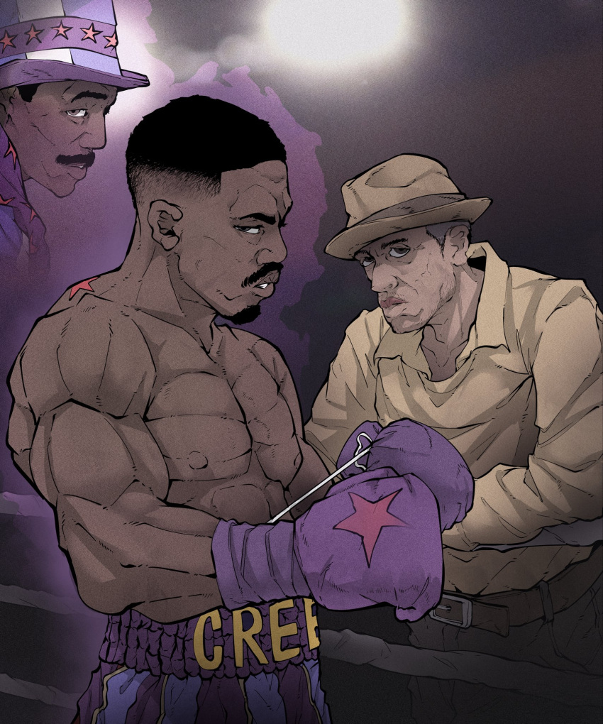 3boys, apollo_creed, apollo_creed_son, birthmark, cosplay, creed_(movie), dark-skinned_male, dark_skin, father_and_child, father_and_son, highres, joestar_birthmark, jojo_no_kimyou_na_bouken, jojo_pose, joseph_joestar, joseph_joestar_(old), joseph_joestar_(old)_(cosplay), male_focus, multiple_boys, parent_and_child, rem_illustrations, rocky_balboa, stand_(jojo)