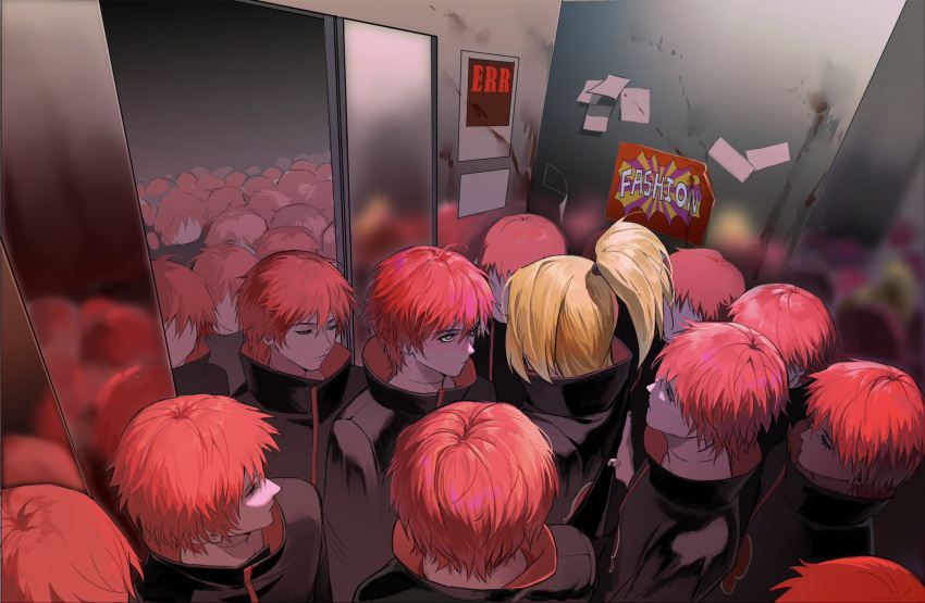 akatsuki_uniform, asymmetrical_bangs, blonde_hair, blood, blood_on_wall, brown_eyes, deidara_(naruto), doll_joints