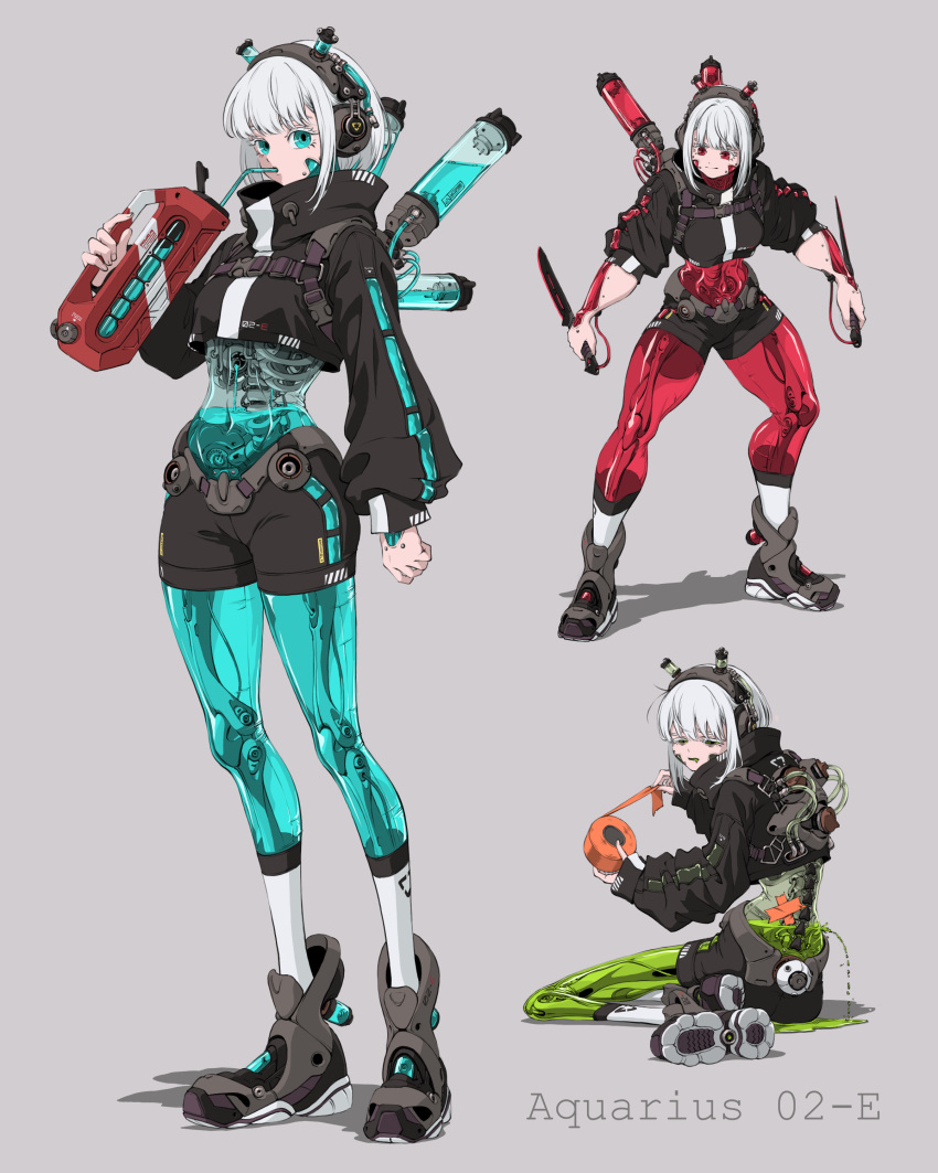 106_(irasutoyou106), 1girl, absurdres, android, aqua_eyes, black_jacket, black_shorts, boots, commentary, cropped_jacket, damaged, drinking, drinking_straw, drooling, dual_wielding, duct_tape, english_text, full_body, green_eyes, grey_background, grey_boots, grey_hair, headphones, high_collar, highres, holding, holding_knife, holding_weapon, jacket, knife, leaking, long_sleeves, mecha, mechabare, mouth_drool, multiple_views, original, puddle, red_eyes, ribs, robot, short_hair, shorts, simple_background, sitting, sleeves_past_wrists, socks, standing, weapon, white_socks