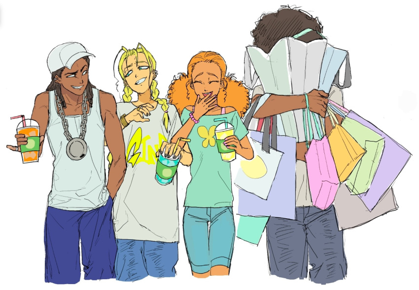 2boys, 2girls, bag, baseball_cap, blonde_hair, brown_hair, cindy_mcphearson, cowboy_shot