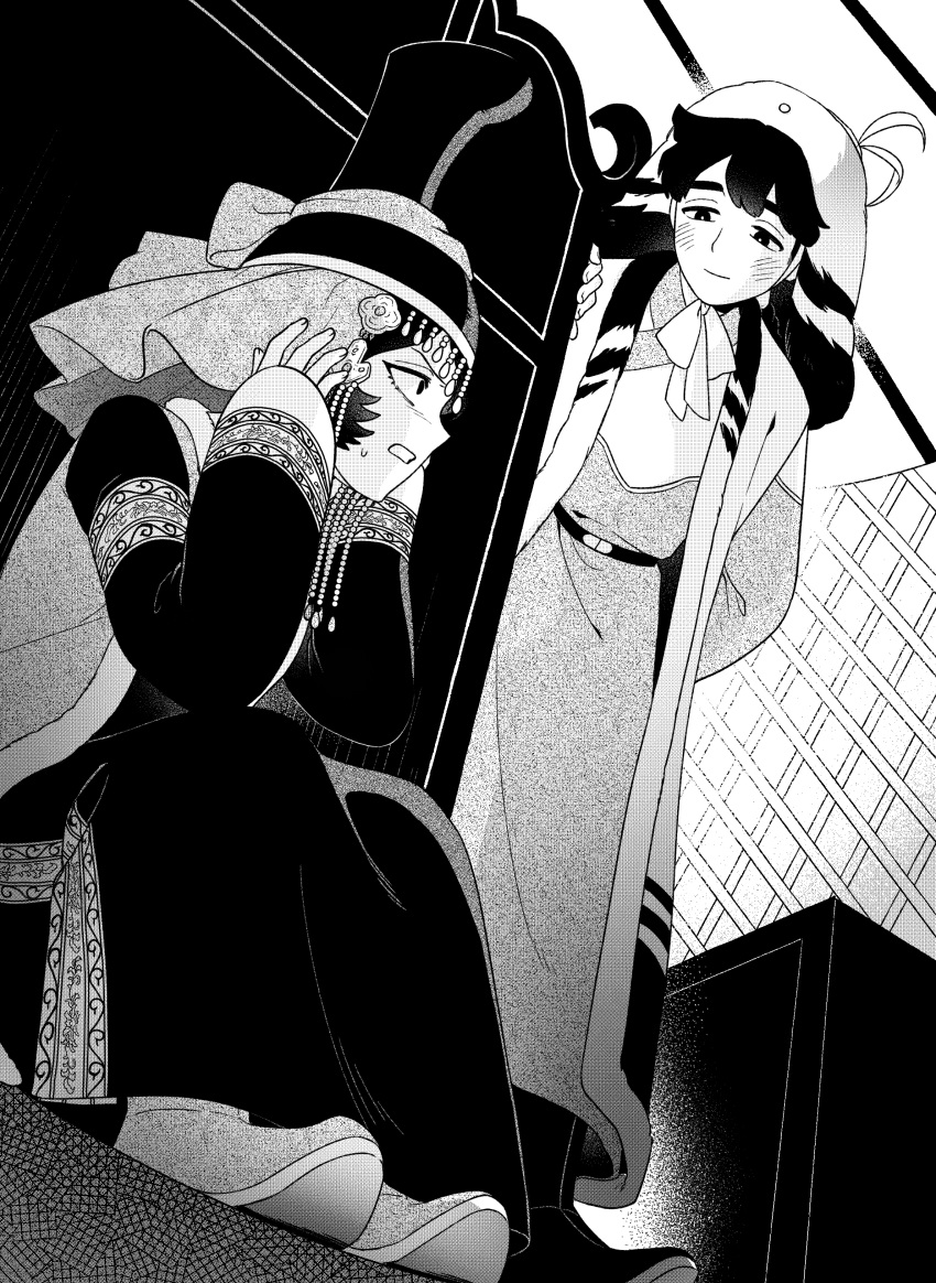 1boy, 1girl, absurdres, arm_behind_back, arm_support, arm_up, arms_up, belt, blush, boots, bow, bowtie, closed_mouth, cupboard, double-parted_bangs, dress, floor, from_below, frown, fur-trimmed_hat, fur_trim, hair_between_eyes, hands_on_own_head, highres, hijab, indoors, iranian_clothes, jacket, jewelry, long_dress, long_jacket, looking_at_another, mongolian_clothes, monochrome, open_clothes, open_coat, open_jacket, parted_bangs, profile, shoes, shorghaghtani_(tenmaku_no_jaadugar), short_hair, sitting, sleeveless_coat, sleeveless_jacket, sweat, table, tenmaku_no_jaadugar, toregene_(tenmaku_no_jaadugar), walls