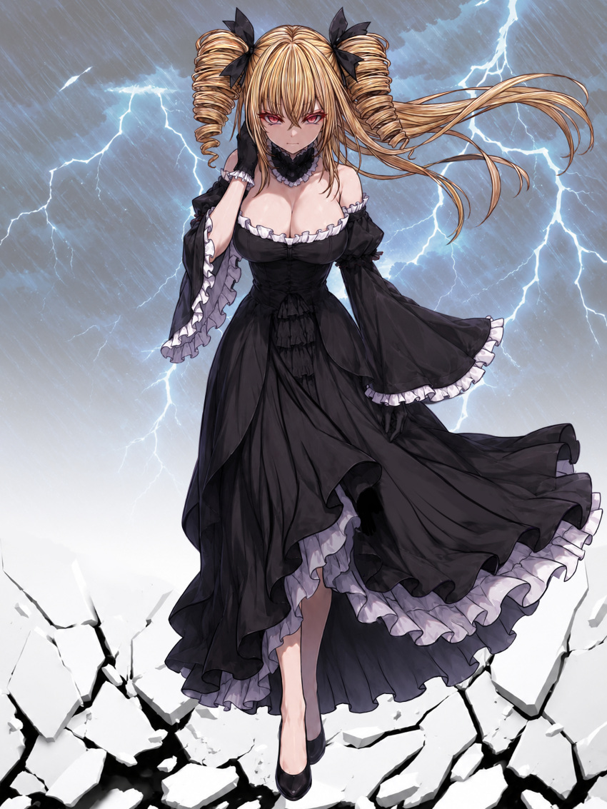1girl, absurdres, black_bow, black_choker, black_dress, black_gloves, black_shoes, black_souls, blonde_hair, bow, breasts, choker, corset, dress, drill_hair, elisabeth_(black_souls), gensou_roukaku, gloves, hair_bow, highres, large_breasts, mature_female, rain, red_eyes, shoes