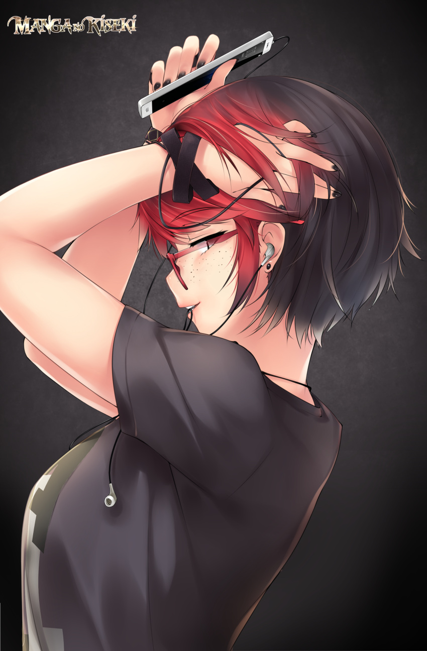 1girl, absurdres, ashley_rosemarry, black_hair, black_nails, black_shirt, bracelet, cable