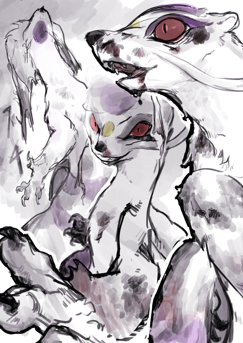 absurdres, blood, blood_on_face, blood_on_hand, claws, highres, itat1_0092, looking_at_viewer, mienshao, multiple_views, no_humans, pokemon, pokemon_(creature), pokemon_focus, red_eyes