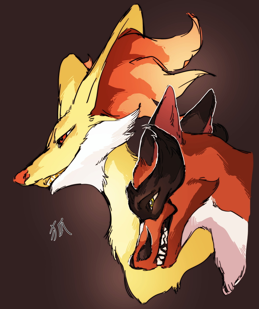 absurdres, brown_background, delphox, fox, highres, itat1_0092, looking_to_the_side, no_humans