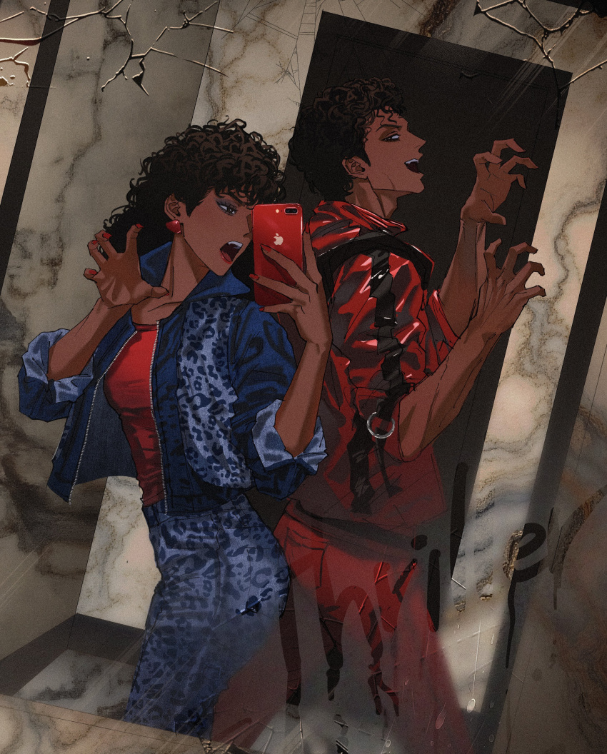1boy, 1girl, absurdres, black_hair, blue_jacket, brown_hair, commentary, dark-skinned_female