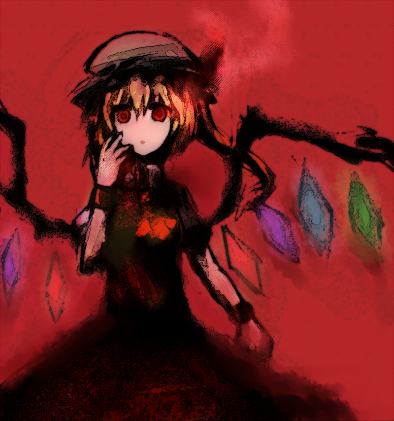 :o, blonde_hair, empty_eyes, expressionless, flandre_scarlet, hand_on_own_face, hand_to_face, hat