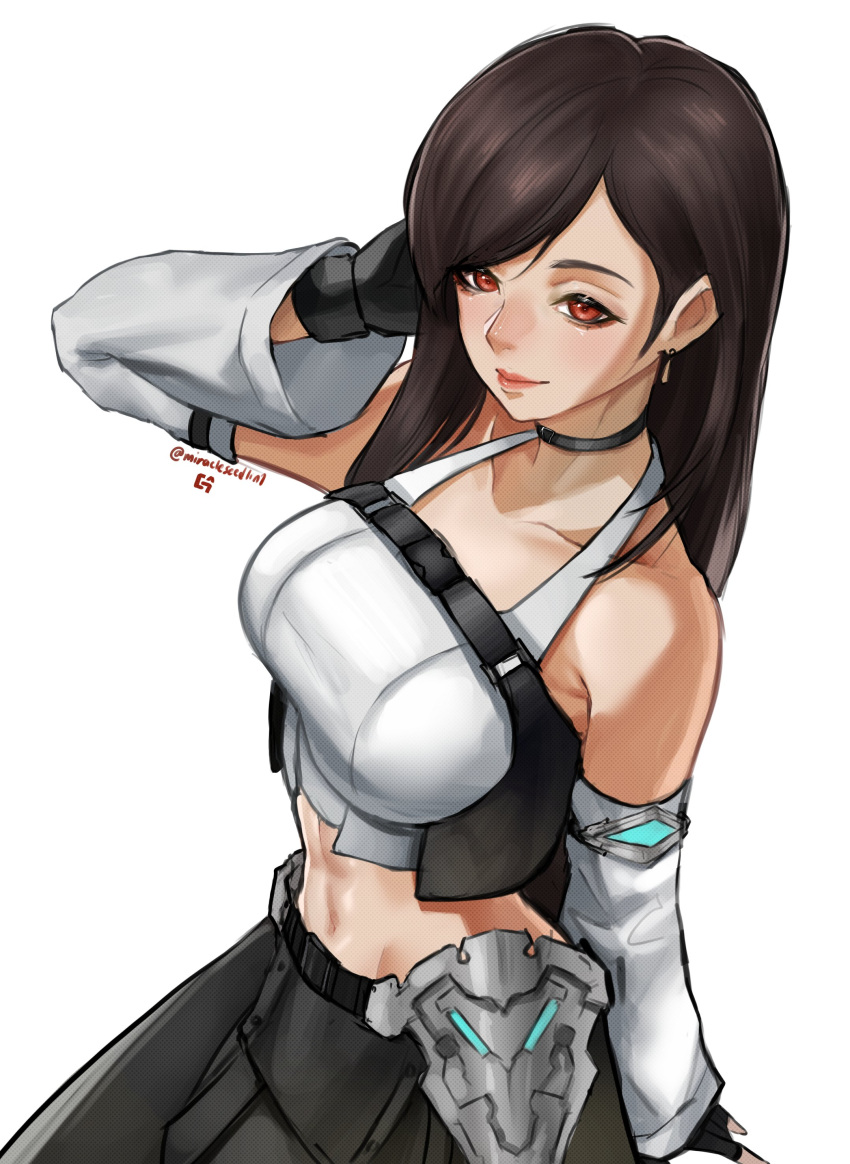 1girl, absurdres, any_emu_7725, arm_up, black_skirt, commentary, crop_top, detached_sleeves