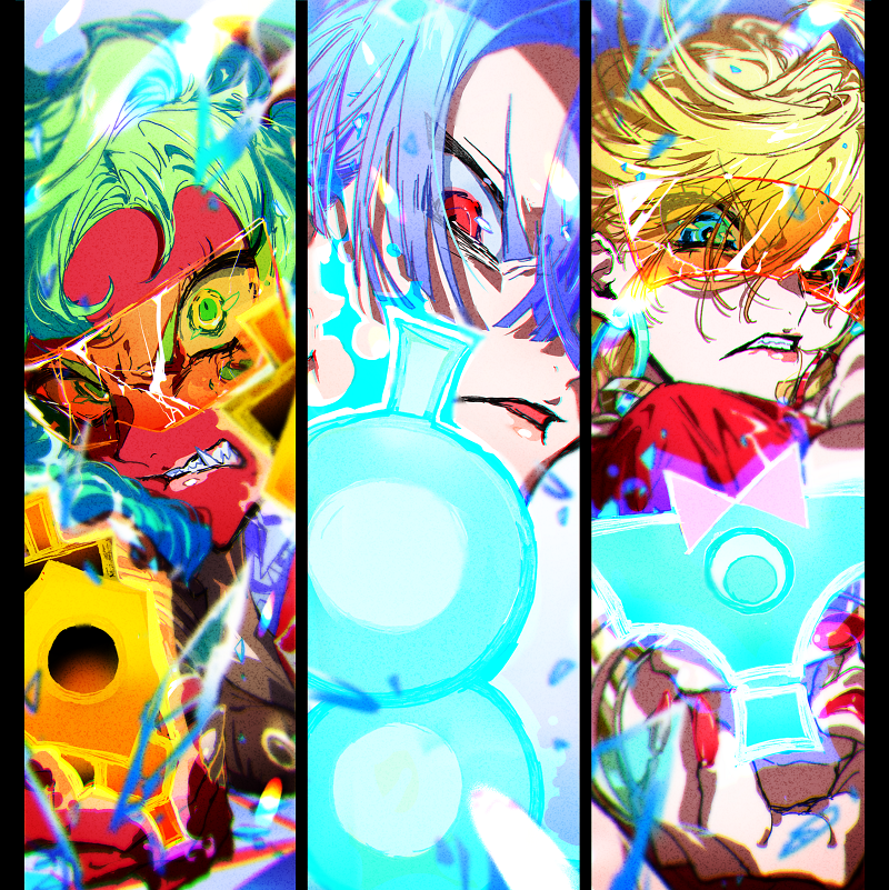 1boy, 2girls, backlace_(psg), blonde_hair, blue_eyes, cousins, curtained_hair, demon_girl