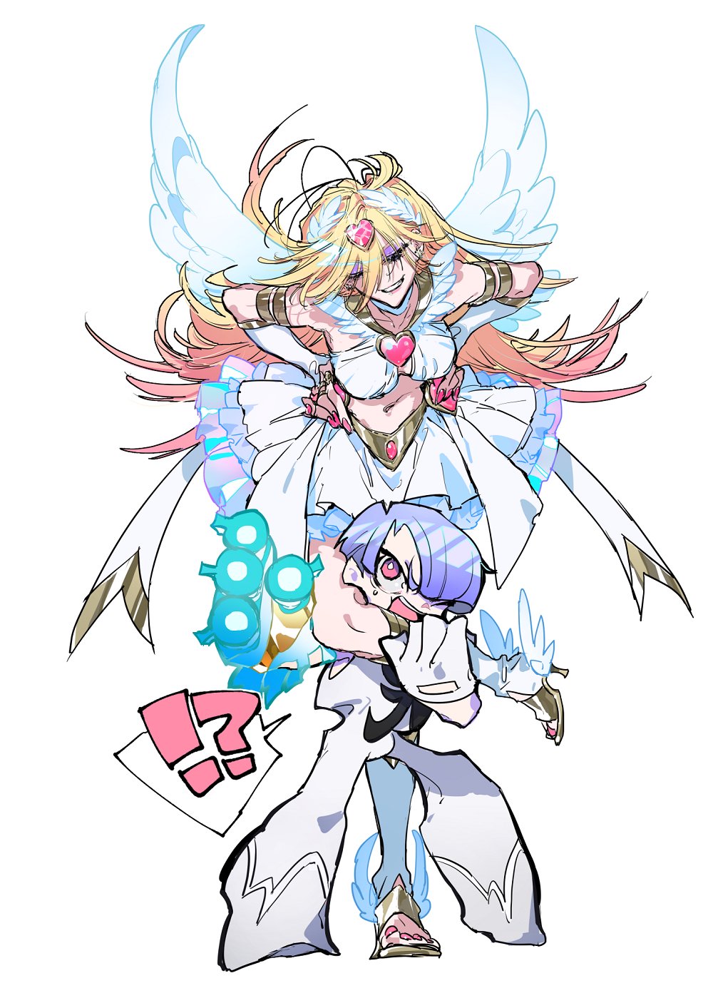 1boy, 1girl, angel, blonde_hair, blue_eyes, cousins, curtained_hair, dress, earrings, gradient_hair, highres, jewelry, jumpsuit, multicolored_hair, panty_&amp;_stocking_with_garterbelt, panty_(psg), pfziki, pink_hair, polyester_(psg), purple_hair, red_eyes, skirt, white_jumpsuit