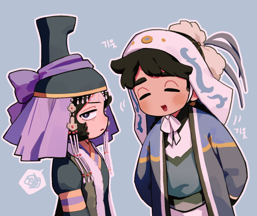 1boy, 1girl, black_hair, chudoll_917, coat, commentary_request, facing_another, frown, fur-trimmed_coat, fur_trim, highres, hijab, korean_commentary, mongolian_clothes, open_clothes, open_coat, purple_hijab, shorghaghtani_(tenmaku_no_jaadugar), smile, tenmaku_no_jaadugar, toregene_(tenmaku_no_jaadugar), upper_body, violet_eyes