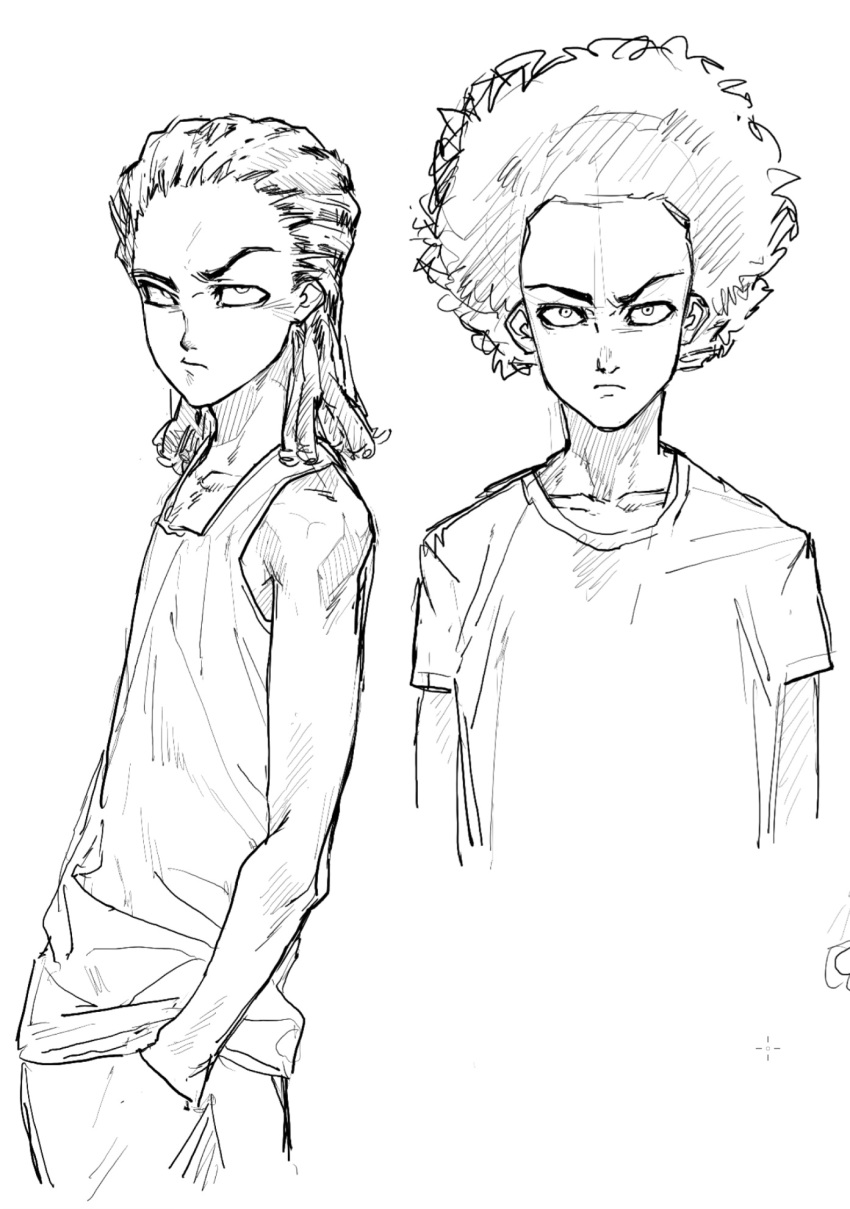2boys, afro, brothers, commentary, cornrows, greyscale, hand_in_pocket, highres