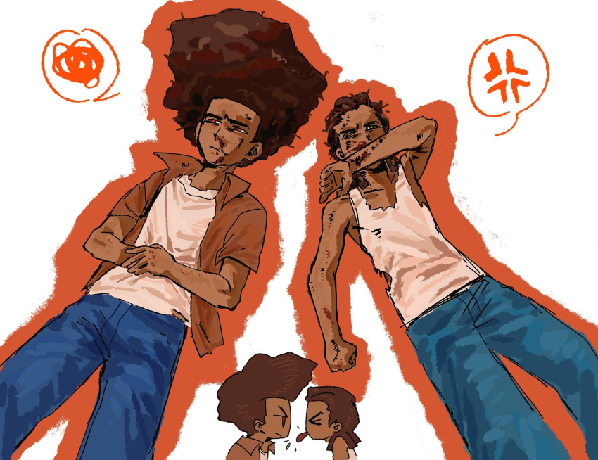 2boys, afro, blood, blood_on_face, brothers, brown_hair, bruise, chibi