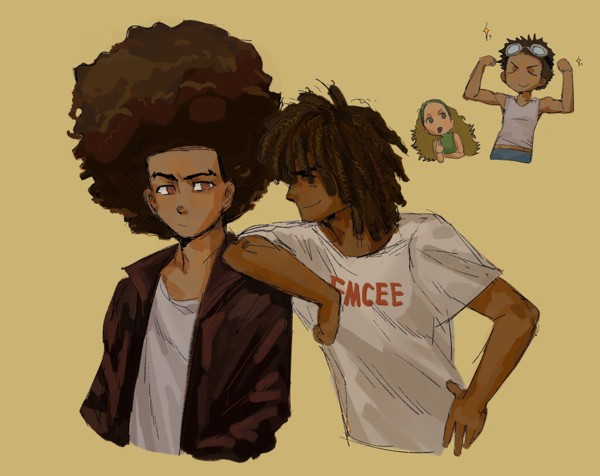 1girl, 3boys, afro, arm_on_another's_shoulder, brown_eyes, brown_hair, brown_jacket, character_request, chinese_commentary, commentary_request, dark-skinned_male, dark_skin, dreadlocks, hand_on_own_hip, highres, huey_freeman, jacket, michael_caesar, mrsheep73944948, multiple_boys, simple_background, the_boondocks, upper_body, yellow_background