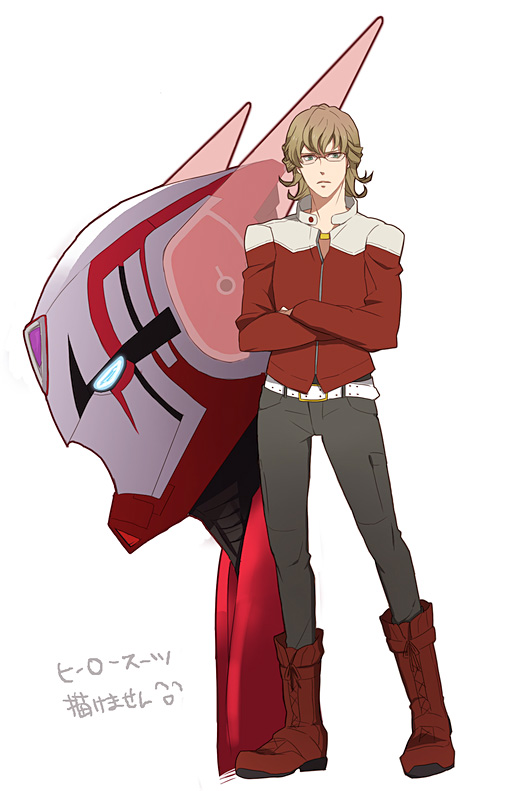 bad_id, barnaby_brooks_jr, belt, blonde_hair, crossed_arms, dual_persona, glasses, green_eyes, jacket, jewelry, male, multiple_boys, necklace, power_armor, power_suit, red_jacket, studded_belt, superhero, tiger_&amp;_bunny, yunaka