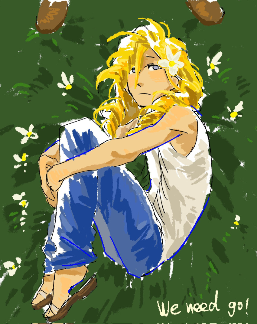 2boys, blonde_hair, blue_eyes, chinese_commentary, commentary_request, english_text, from_above, full_body, grass, green_background, highres, long_hair, looking_at_viewer, lying, male_focus, mrsheep73944948, multiple_boys, on_side, original, shirt, sleeveless, sleeveless_shirt, solo, solo_focus, white_shirt