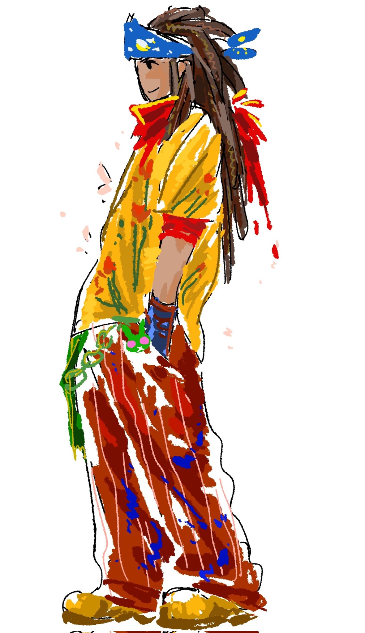 1boy, baggy_pants, bandana, brown_hair, chinese_commentary, commentary_request, dark-skinned_male, dark_skin