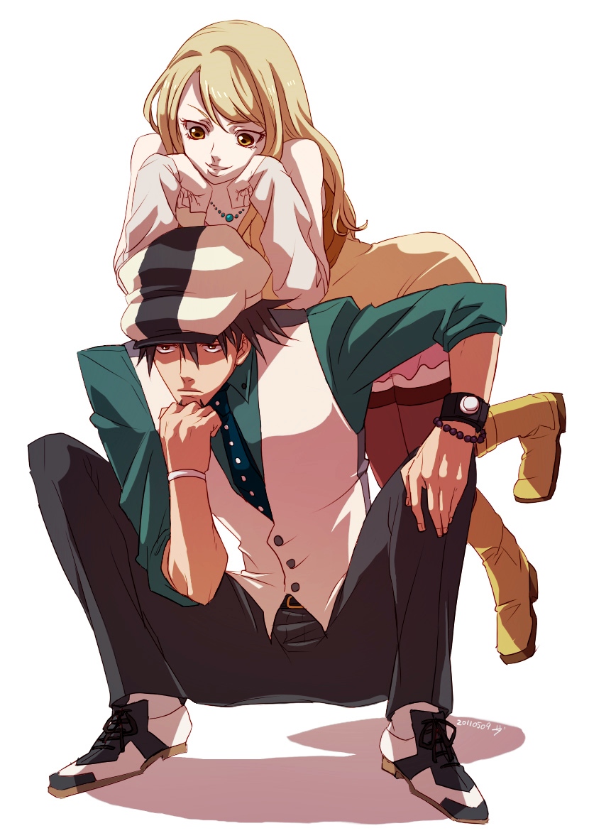 blonde_hair, boots, bracelet, brown_eyes, brown_hair, brown_legwear, byon, cabbie_hat