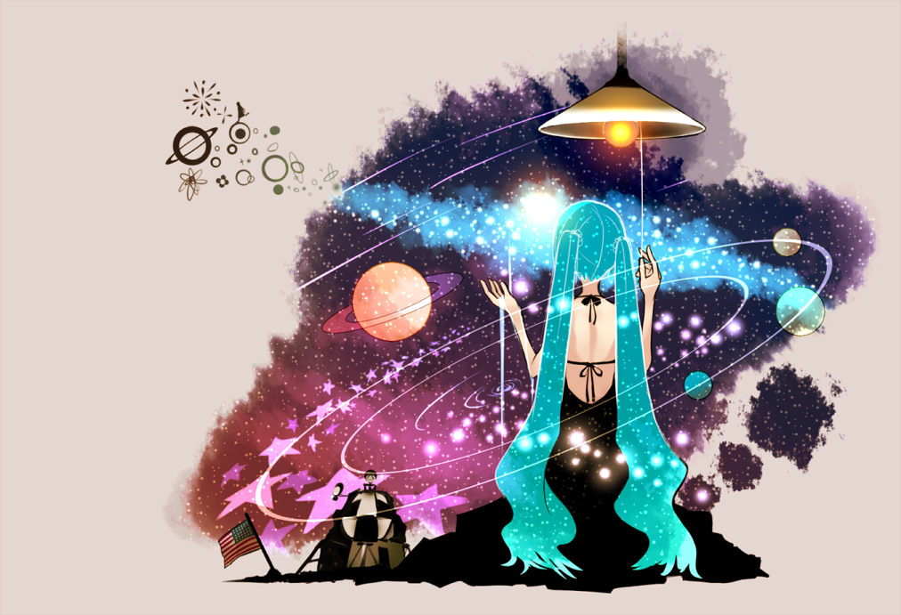 american_flag, aqua_hair, back, bad_id, dress, from_behind, galaxy, hatsune_miku, long_hair, nasamuto, open-back_dress, planet, solar_system, solo, star, star_(sky), twintails, very_long_hair, vocaloid