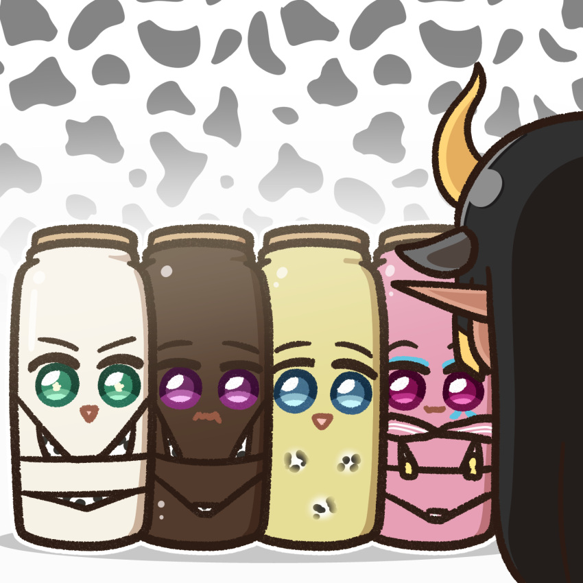 5girls, :3, animal_ears, animal_print, banana_milk, bikini, blue_eyes, bottle