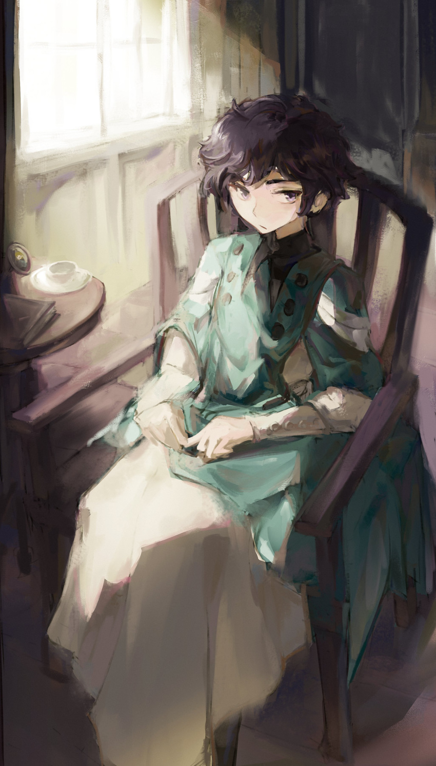 1girl, absurdres, agott_arklaum_(tongari_boushi_no_atelier), black_hair, blue_robe, book, chair, closed_mouth