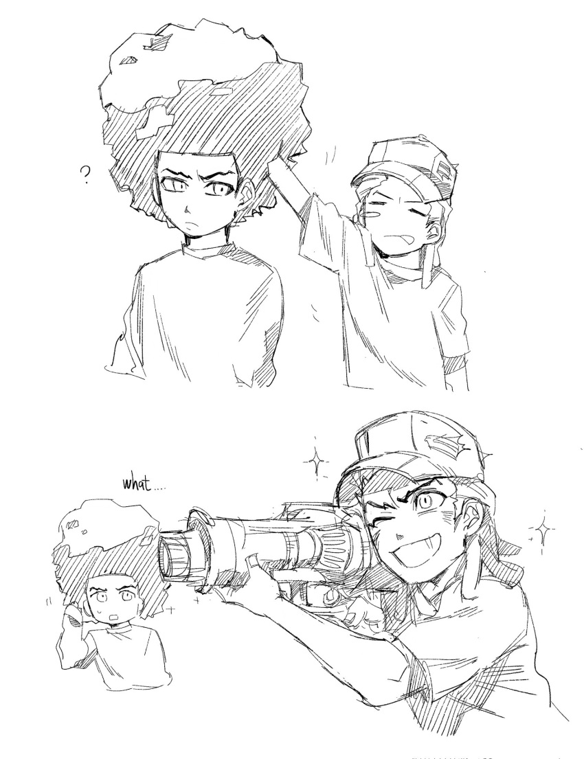 2boys, afro, baseball_cap, brothers, commentary, cornrows, english_text, greyscale