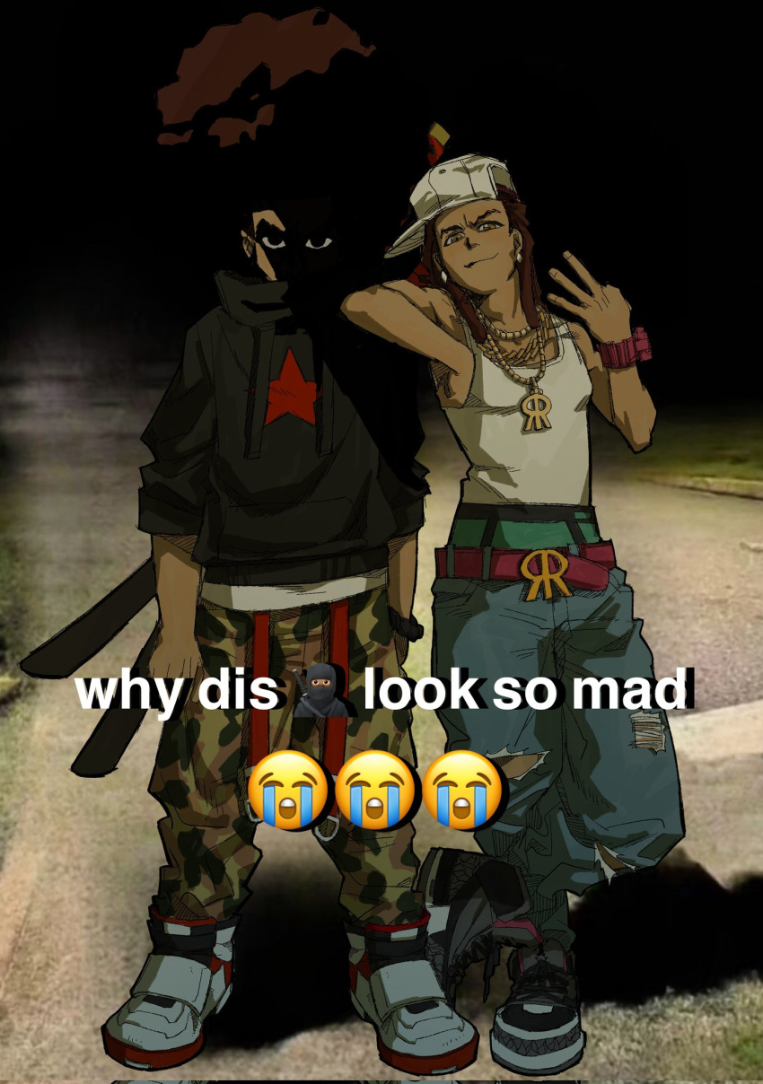 2boys, afro, arm_on_another's_shoulder, baggy_pants, baseball_cap, black_eyes, black_hoodie, brothers