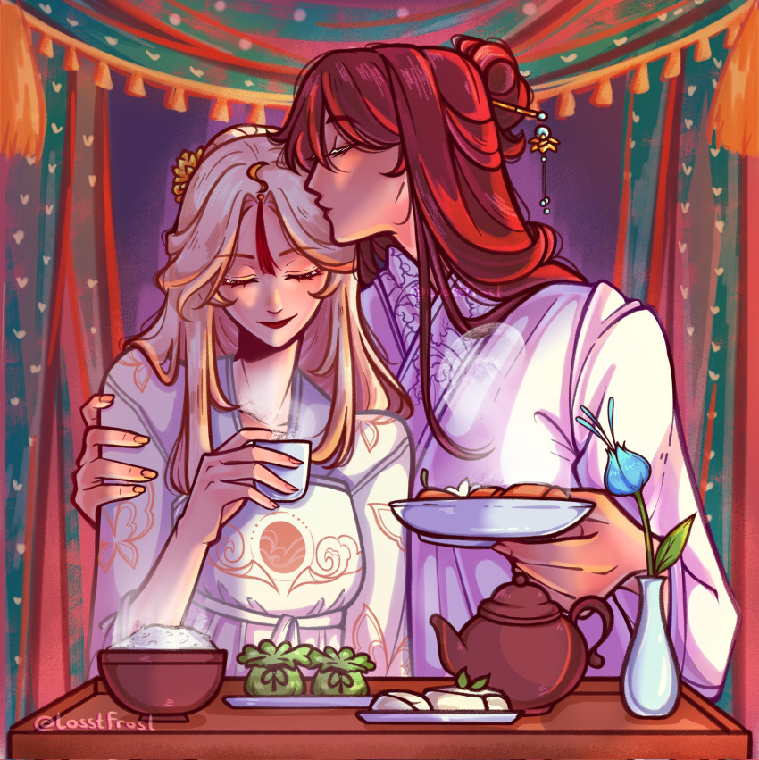 2girls, beidou_(genshin_impact), blue_flower, bowl, brown_hair, closed_eyes, closed_mouth, commentary, english_commentary, flower, food_request, genshin_impact, hair_ornament, hand_on_another's_shoulder, highres, holding, holding_plate, indoors, kissing_head, long_hair, losstfrost, multiple_girls, ningguang_(genshin_impact), plate, rice, robe, smile, tassel, tassel_hair_ornament, teapot, vase, white_hair, white_robe, yuri