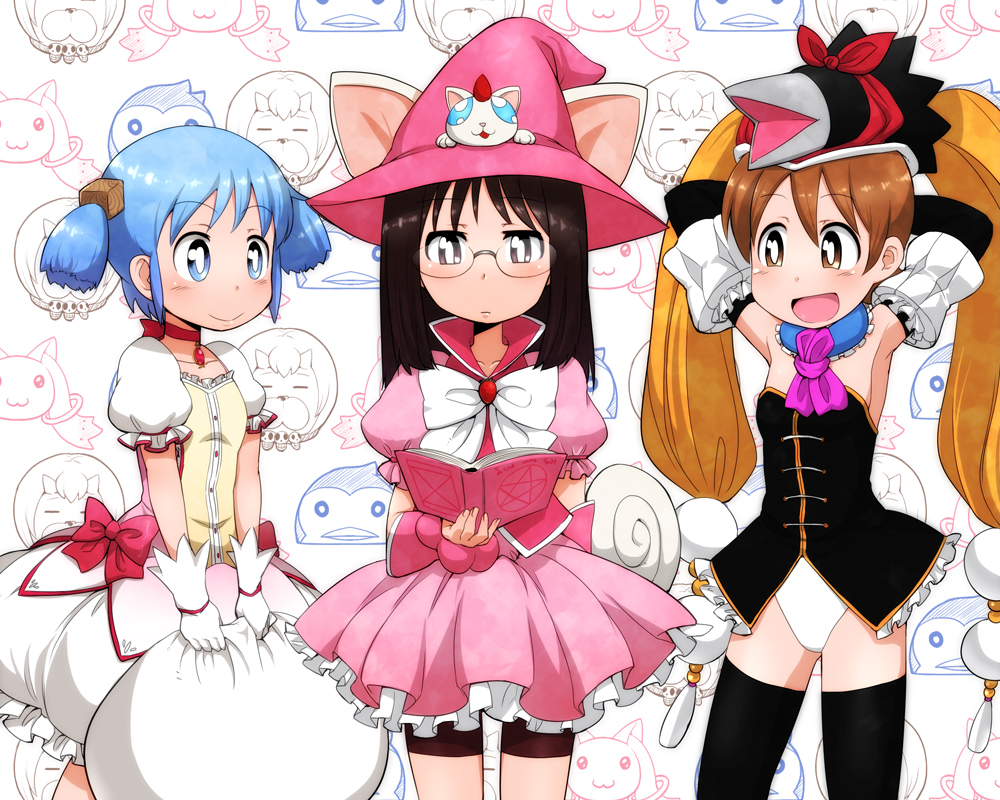 aioi_yuuko, alternate_costume, animal_ears, arms_behind_head, azazel, bandana, bird, black_dress, black_eyes, black_hair, black_legwear, blue_eyes, blue_hair, blush, book, brown_eyes, brown_hair, bubble_skirt, cat_ears, cat_tail, cosplay, crow, crow_(nichijou), detached_sleeves, dress, glasses, gloves, hair_cubes, hair_ornament, hat, holding, kaname_madoka, kaname_madoka_(cosplay), kyubey, long_hair, magical_girl, mahou_shoujo_madoka_magica, mawaru_penguindrum, minakami_mai, multiple_girls, naganohara_mio, nichijou, open_mouth, pentagram, pink_dress, princess_of_the_crystal, princess_of_the_crystal_(cosplay), reading, sakuma_rinko, sakuma_rinko_(cosplay), season_connection, short_hair, short_twintails, smile, standing, tail, thigh-highs, thighhighs, tomoyohi, twintails, white_dress, witch_hat, yondemasuyo_azazel-san