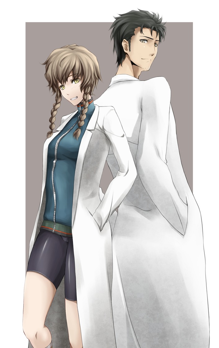 bike_shorts, black_hair, braid, brown_hair, facial_hair, grin, hand_in_pocket, labcoat, okabe_rintarou, shinon_(artist), shinon_(tokage_shuryou), smile, steins;gate, stubble, track_jacket, twin_braids, yellow_eyes
