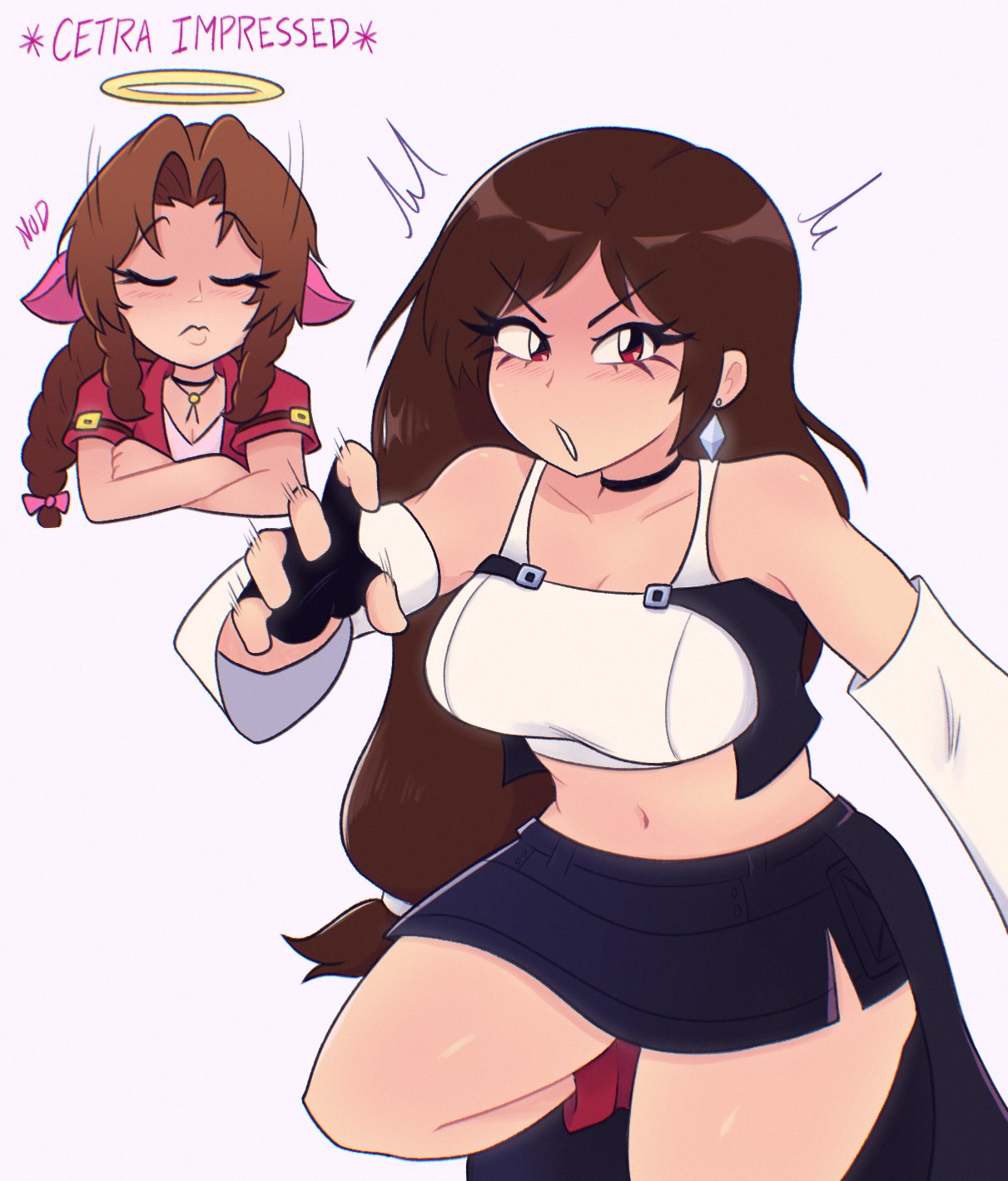 2girls, aerith_gainsborough, black_skirt, bow, braid, braided_ponytail, breasts, closed_eyes