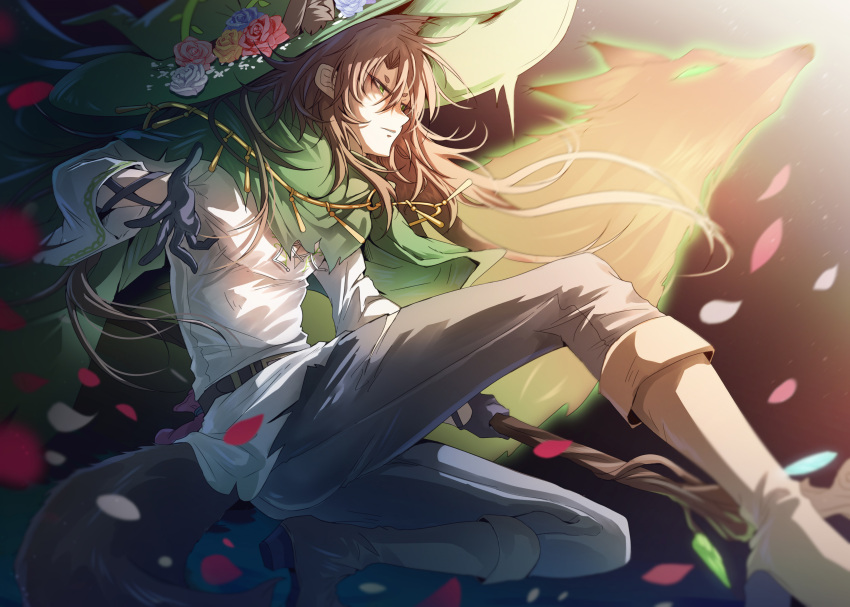 1boy, absurdres, animal_ears, belt, black_gloves, blue_flower, boots, brown_boots