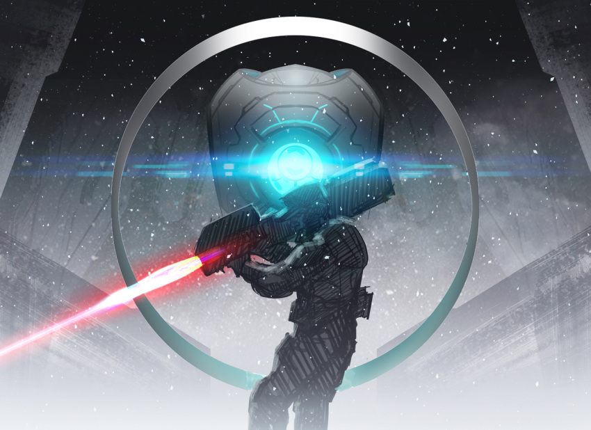 1boy, 1other, 343_guilty_spark, armor, cigar, energy_beam, energy_gun, english_commentary