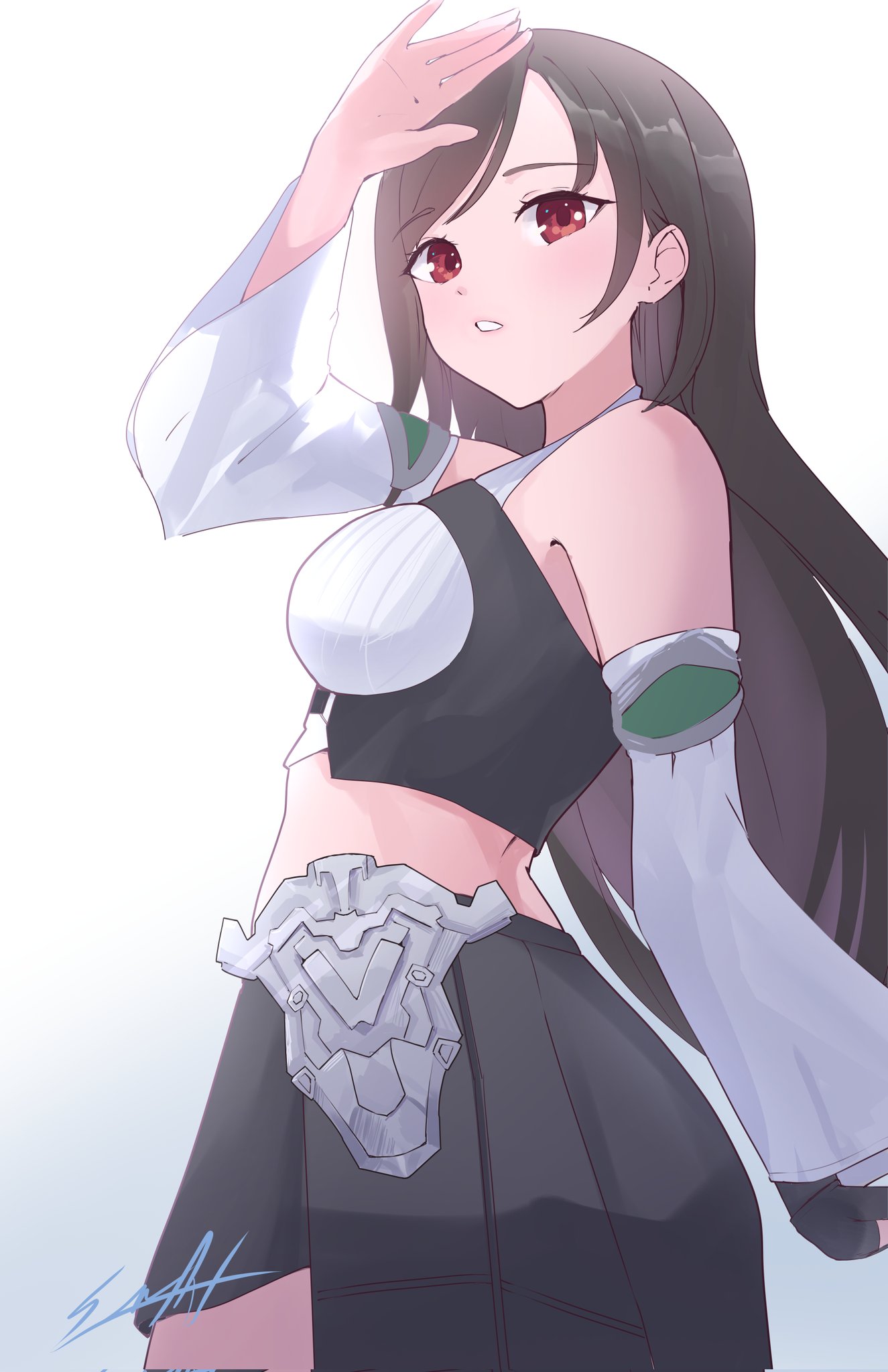 1girl, arm_up, crop_top, detached_sleeves, eienart, final_fantasy, final_fantasy_vii, final_fantasy_vii_remake